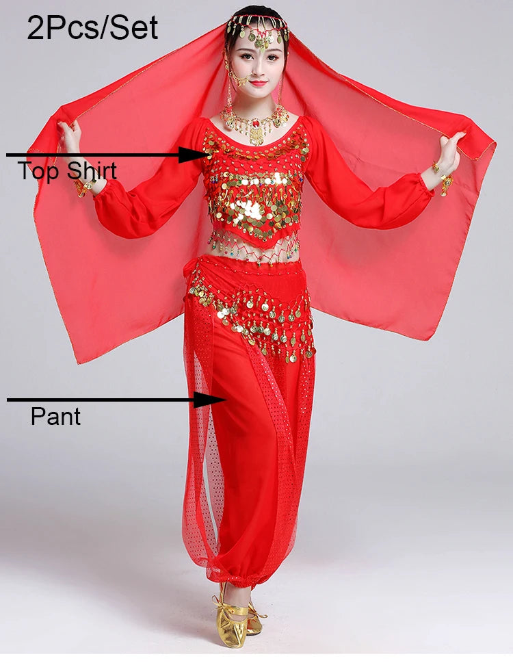 Women's Bollywood Belly Dance Costume Set – Indian Dance Outfit for Stage Performances Red 2pcs One Size