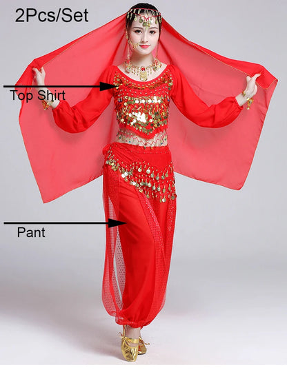 Women's Bollywood Belly Dance Costume Set – Indian Dance Outfit for Stage Performances Red 2pcs One Size