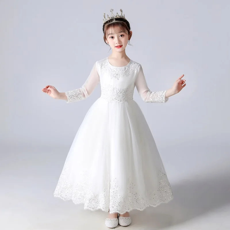 Kids' Floral Wedding Party Dress | Princess Flower Gown with Mesh Sleeves as photo 1