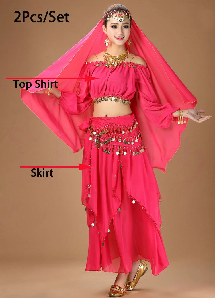 Women's Purple Belly Dance Costume Set | Chiffon Coin Long Sleeve Top & Skirt 2pcs Hot Pink One Size