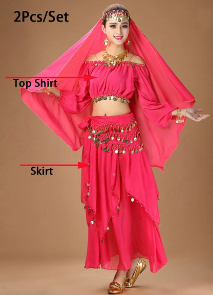 Women's Purple Belly Dance Costume Set | Chiffon Coin Long Sleeve Top & Skirt 2pcs Hot Pink One Size