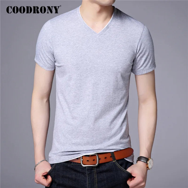 COODRONY Brand Summer Short Sleeve T Shirt Men Cotton Tee Shirt Homme Streetwear Casual V-Neck T-Shirt Men Clothing Tops C5102S GRAY