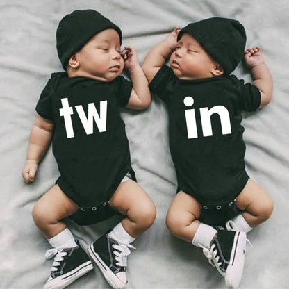 TW &amp; IN Letter Print Newborn Infant Baby Boys Girls Black Bodysuit Twins Romper Jumpsuit Outfits Hipster Baby Clothes 0-24M