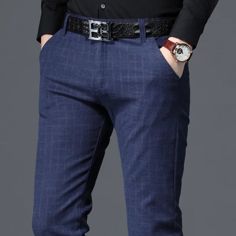 2021 New Men's Casual Plaid Pants Business Casual Slim Fit Black Blue Classic Style Elastic Trousers Male Brand Clothes C9129 blue