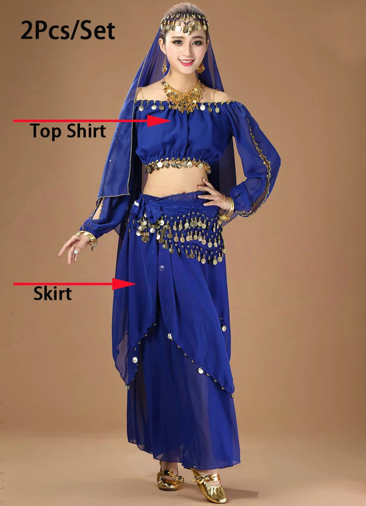 Women's Purple Belly Dance Costume Set | Chiffon Coin Long Sleeve Top & Skirt 2pcs Blue One Size