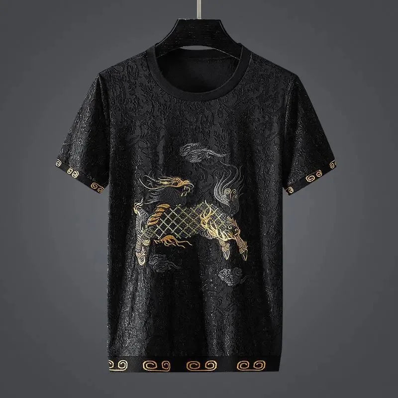 Luxury fashion brand men's short sleeve T shirt personalized jacquard embroidery plus half sleeve men's bottoming shirt rhinoceros