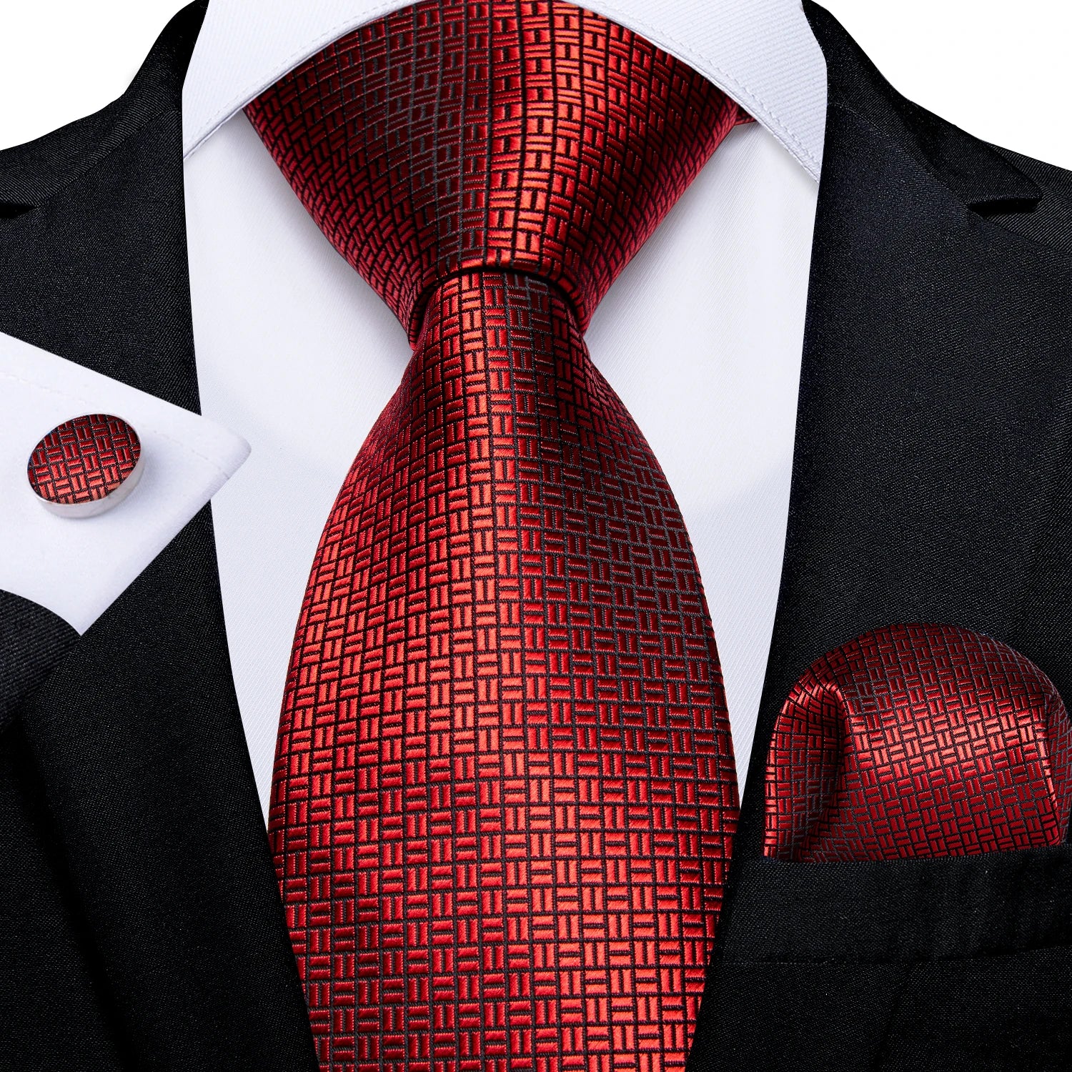 Luxury Red Plaid Silk Tie Set for Men | Business & Wedding Accessories with Handkerchief & Cufflinks | DiBanGu Designer Collection