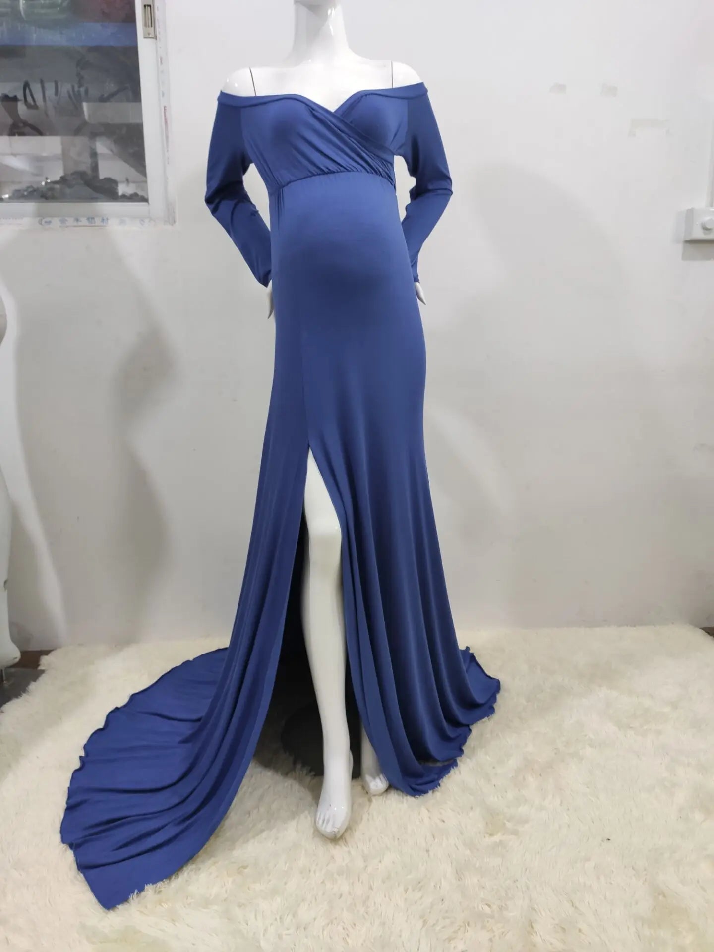 Maxi Off Shoulder Long Sleeve Dress for Pregnant Women deep blue dress