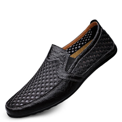 FUQIAO 2024 Men's Summer Casual Shoes Soft Mesh Leather Loafers black