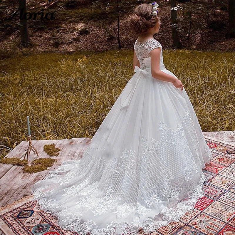 Elegant White Flower Girl Dress | Lace Applique & Beadwork, Long Sleeve Communion, Pageant, and Birthday Party Gown