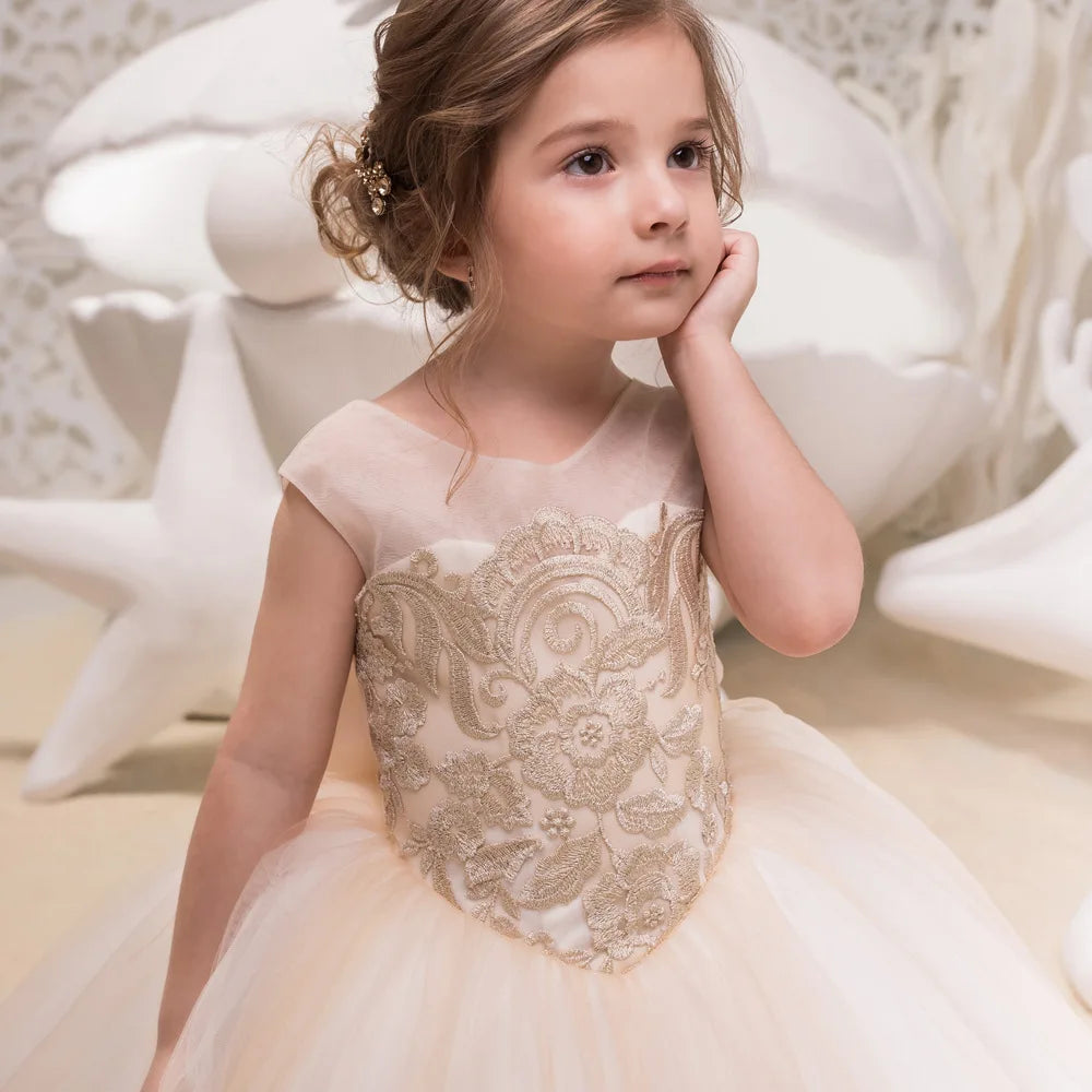 Champagne White Kids Bridesmaid Dress | Elegant Princess Gown for Girls' Wedding Party, Formal Events, and Special Occasions