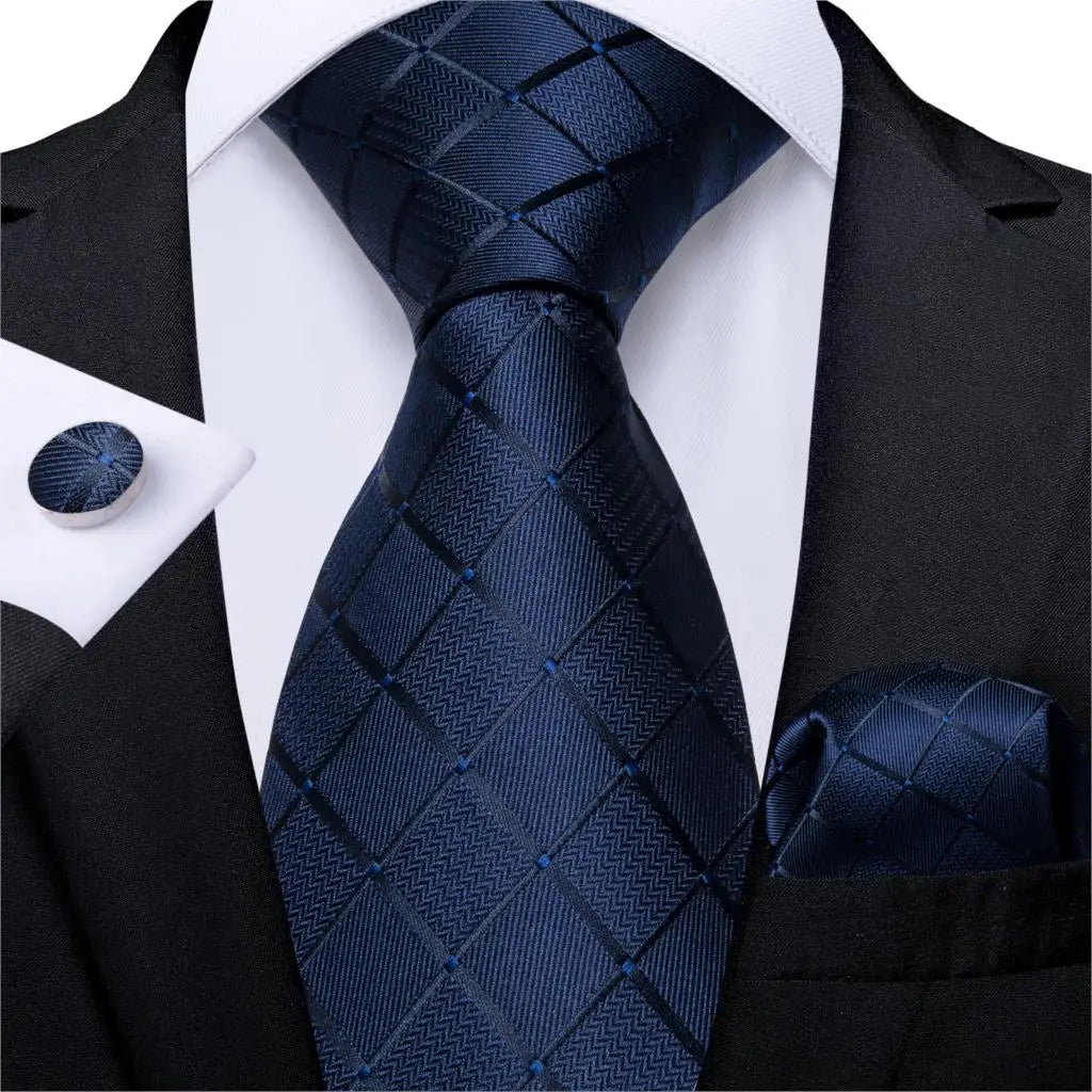 DiBanGu Top Navy Blue Solid Tie for Men 100% Silk Men's Tie Hanky Cufflinks Neck Tie Suit Business Wedding Party Tie Set MJ-7140 MJ-1656