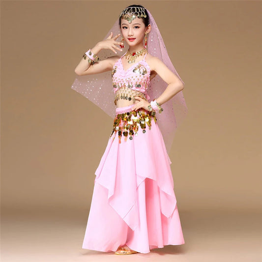 5-Piece Pink Kids Belly Dance Costume Set – Oriental Dance & Indian Dance Outfit for Girls