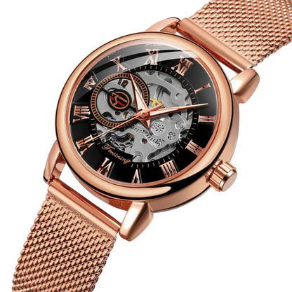 Forsining Women’s Rose Gold Skeleton Mechanical Watch | Stainless Steel Case, Roman Numeral Display, Hand Wind Wristwatch FSL8099RB