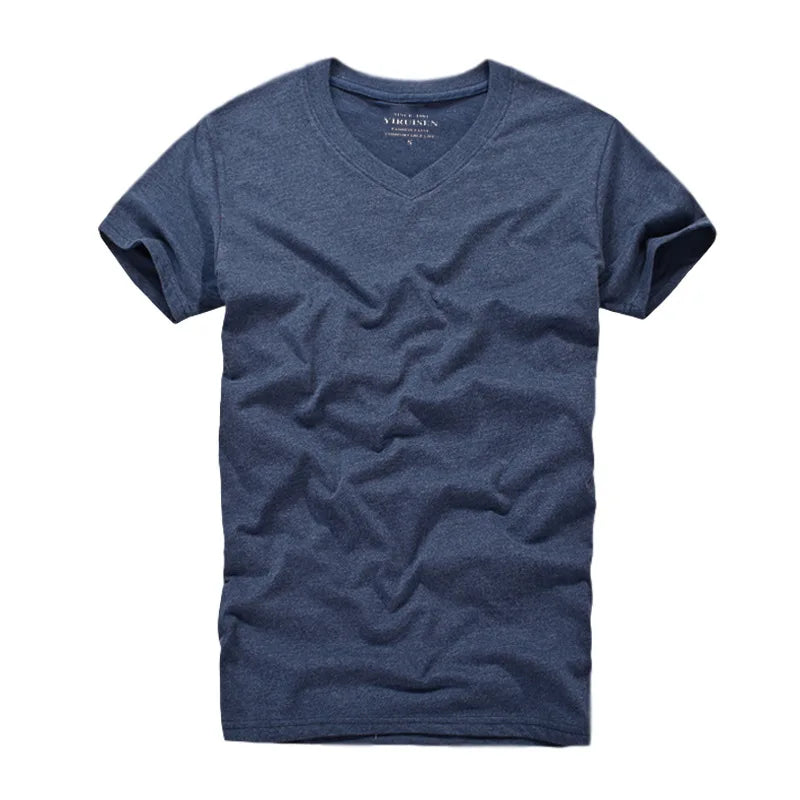 Men Tshirt 100% Cotton Solid Color O-Neck Short Sleeve T shirt Male High Quality gray blue V neck