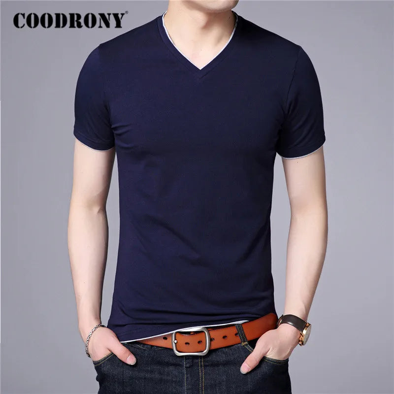 COODRONY Brand Summer Short Sleeve T Shirt Men Cotton Tee Shirt Homme Streetwear Casual V-Neck T-Shirt Men Clothing Tops C5102S Navy Blue