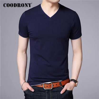 COODRONY Brand Summer Short Sleeve T Shirt Men Cotton Tee Shirt Homme Streetwear Casual V-Neck T-Shirt Men Clothing Tops C5102S Navy Blue