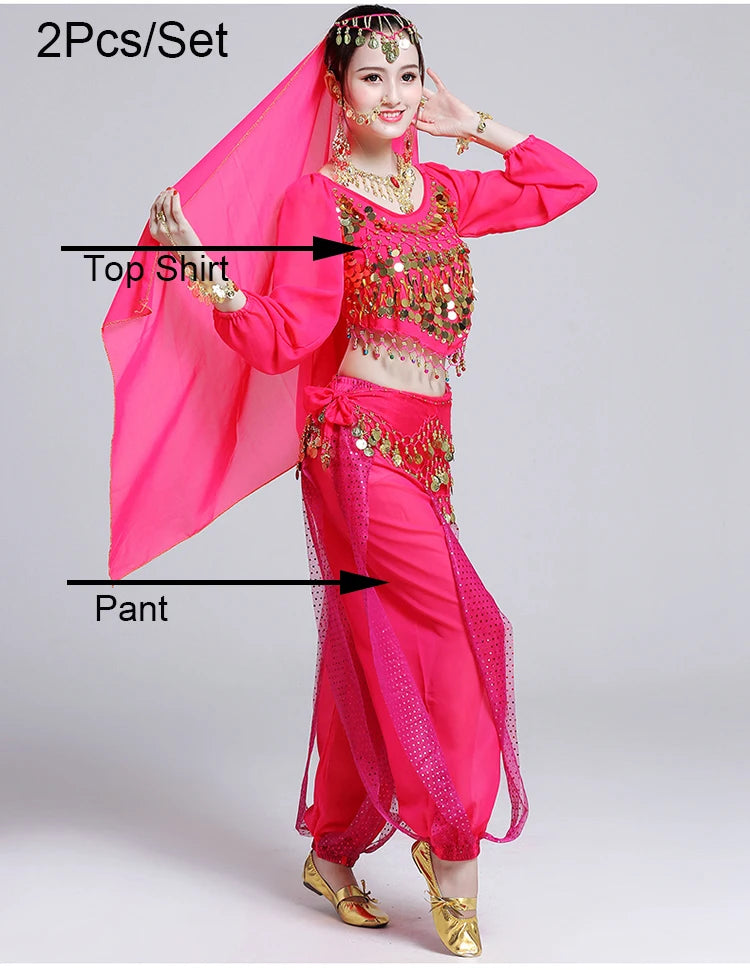 Women's Bollywood Belly Dance Costume Set – Indian Dance Outfit for Stage Performances Hot Pink 2pcs One Size