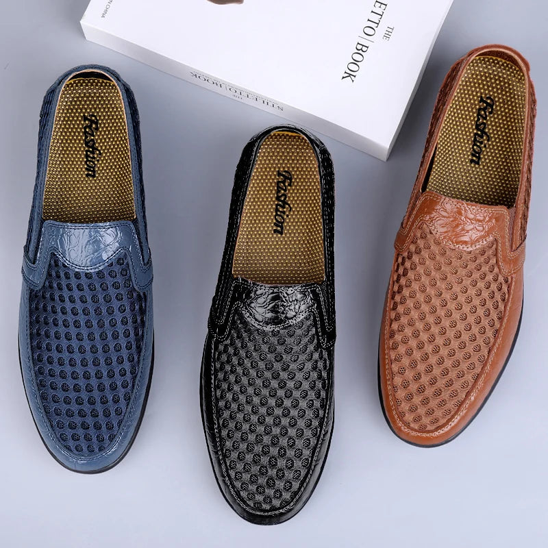 FUQIAO 2024 Men's Summer Casual Shoes Soft Mesh Leather Loafers