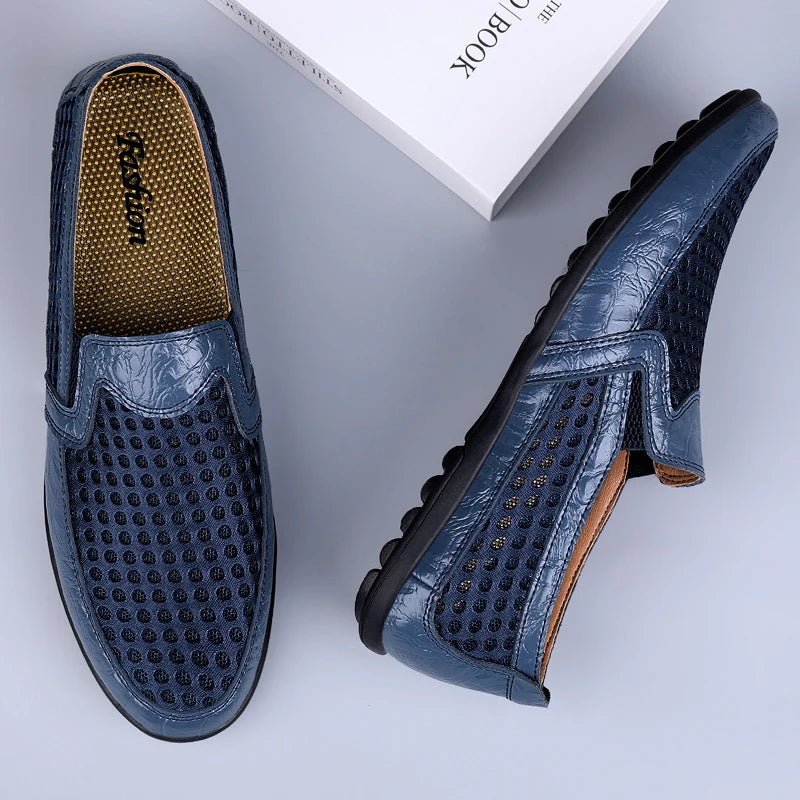 FUQIAO 2024 Men's Summer Casual Shoes Soft Mesh Leather Loafers