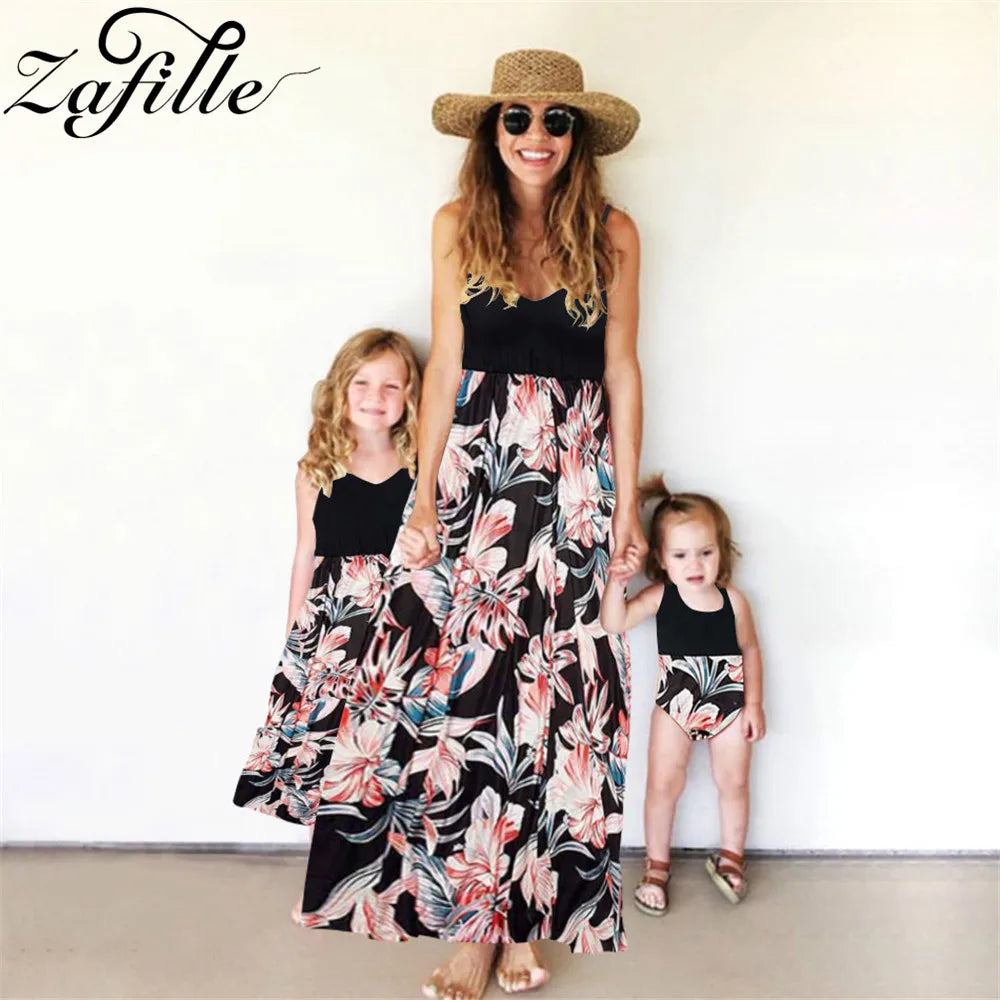 ZAFILLE Elegant Floral Family Matching Outfits – Mother and Daughter Long Dresses