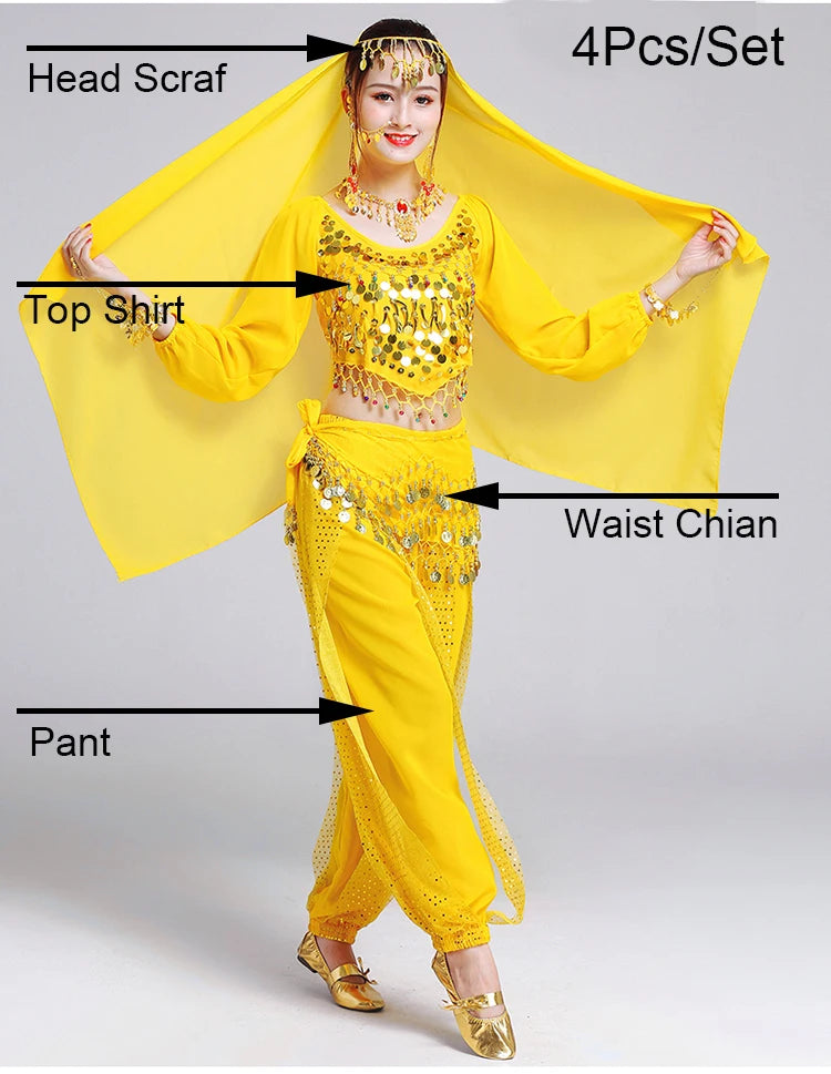 Women's Bollywood Belly Dance Costume Set – Indian Dance Outfit for Stage Performances Yellow 4pcs One Size