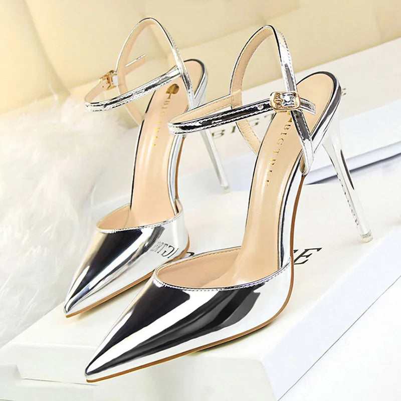 BIGTREE Fashion High Heels - Patent Leather Pointed Toe Pumps | Super High Thin Stiletto Heels | Blue & Silver Sandals for Women Silver