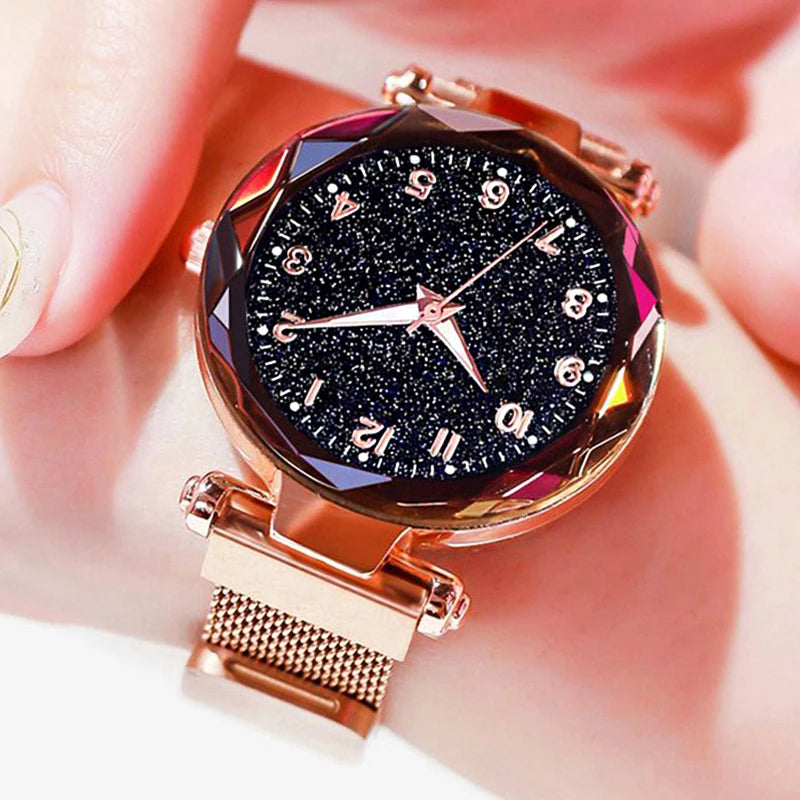 Luxury Women's Magnetic Mesh Belt Watch | Starry Sky Quartz Wristwatch | Fashionable Stainless Steel Ladies Clock