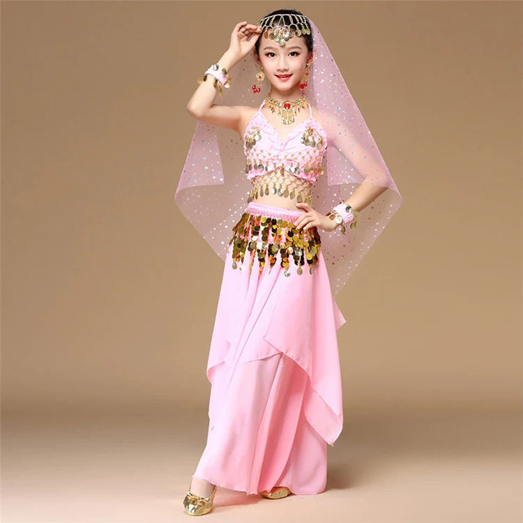 5-Piece Pink Kids Belly Dance Costume Set – Oriental Dance & Indian Dance Outfit for Girls