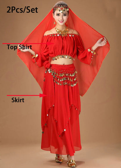 Women's Purple Belly Dance Costume Set | Chiffon Coin Long Sleeve Top & Skirt