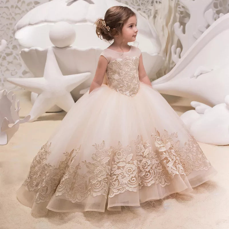 Champagne White Kids Bridesmaid Dress | Elegant Princess Gown for Girls' Wedding Party, Formal Events, and Special Occasions