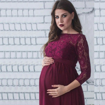 Puococo Maternity Lace Dress - Elegant & Comfortable for Pregnancy Photoshoots wine red