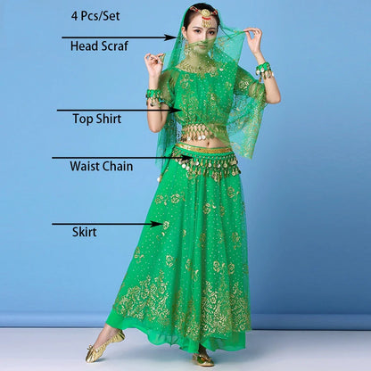 Lady Egypt Dance Wear | Bollywood Indian Dance Costume Set | Adult Belly Dancing Clothes | 4-Piece Skirt Set green One Size