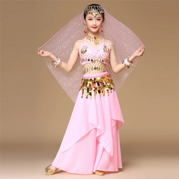 5-Piece Pink Kids Belly Dance Costume Set – Oriental Dance & Indian Dance Outfit for Girls