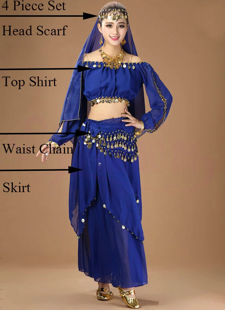 Women's Purple Belly Dance Costume Set | Chiffon Coin Long Sleeve Top & Skirt 4pcs Blue One Size