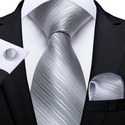 DiBanGu Mens Necktie Silver Gray Striped Design Silk Wedding Tie For Men Tie Hanky Cufflink Tie Set Business Party Dropshipping