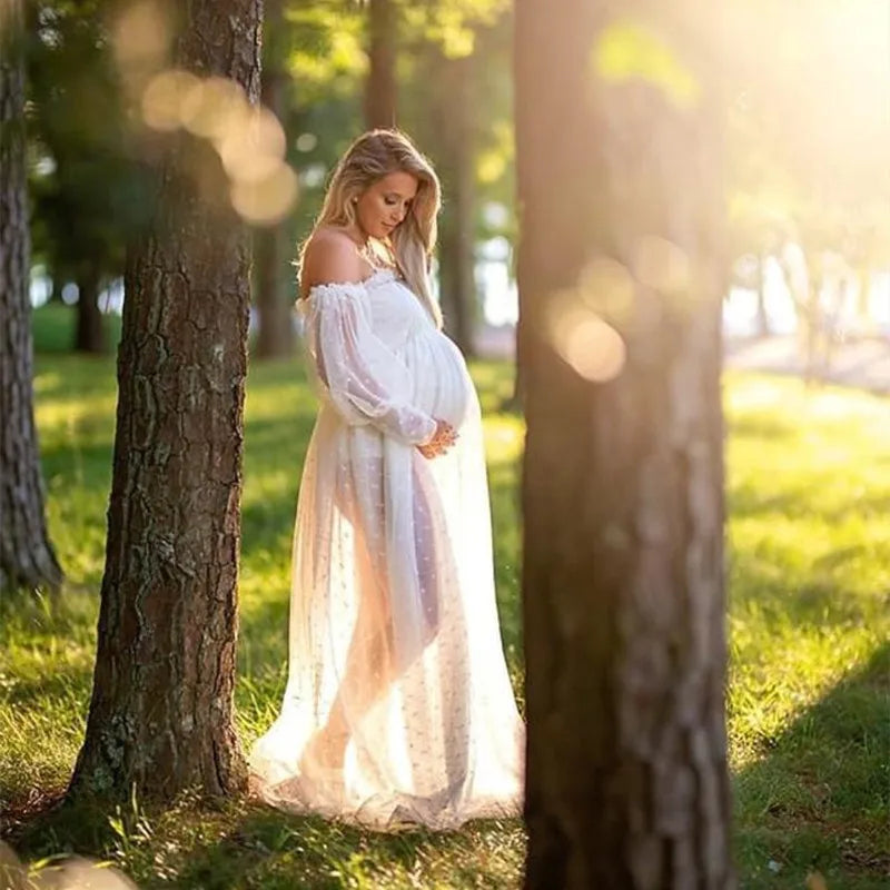 White Dot Tulle Maternity Dress See-Through Photo Shoot Long Lantern Sleeve WHITE