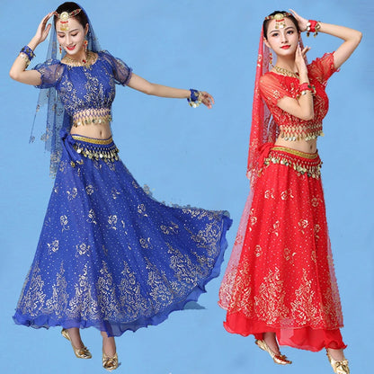 Lady Egypt Dance Wear | Bollywood Indian Dance Costume Set | Adult Belly Dancing Clothes | 4-Piece Skirt Set