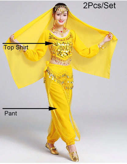 Women's Bollywood Belly Dance Costume Set – Indian Dance Outfit for Stage Performances Yellow 2pcs One Size