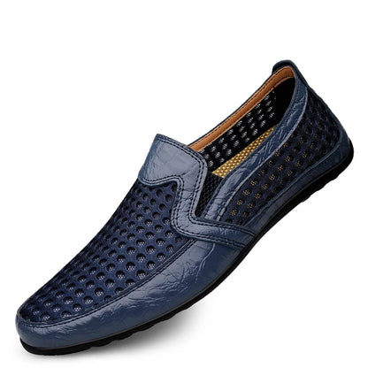 FUQIAO 2024 Men's Summer Casual Shoes Soft Mesh Leather Loafers Blue