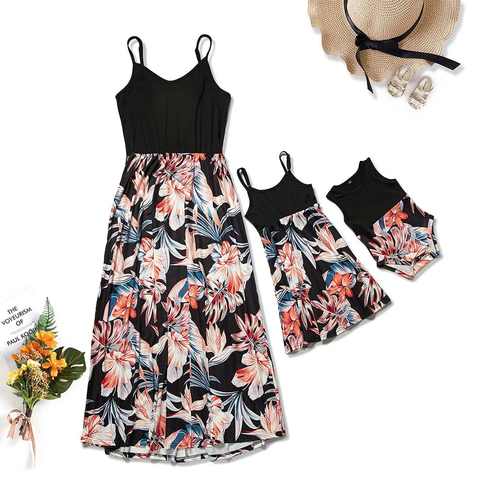 ZAFILLE Elegant Floral Family Matching Outfits – Mother and Daughter Long Dresses Sleeveless B