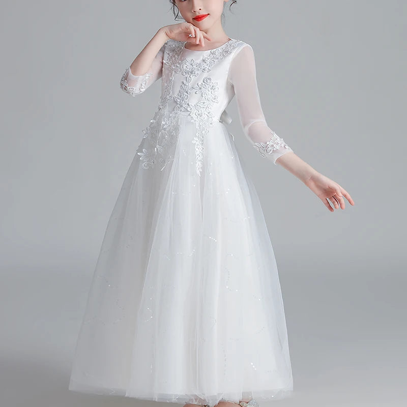 Kids' Floral Wedding Party Dress | Princess Flower Gown with Mesh Sleeves WHITE