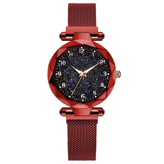 Luxury Women's Magnetic Mesh Belt Watch | Starry Sky Quartz Wristwatch | Fashionable Stainless Steel Ladies Clock Red