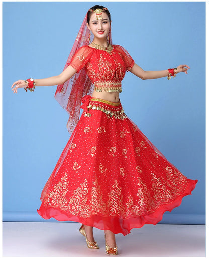 Lady Egypt Dance Wear | Bollywood Indian Dance Costume Set | Adult Belly Dancing Clothes | 4-Piece Skirt Set