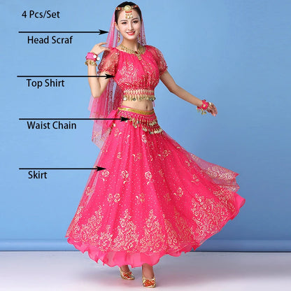 Lady Egypt Dance Wear | Bollywood Indian Dance Costume Set | Adult Belly Dancing Clothes | 4-Piece Skirt Set RHODO One Size