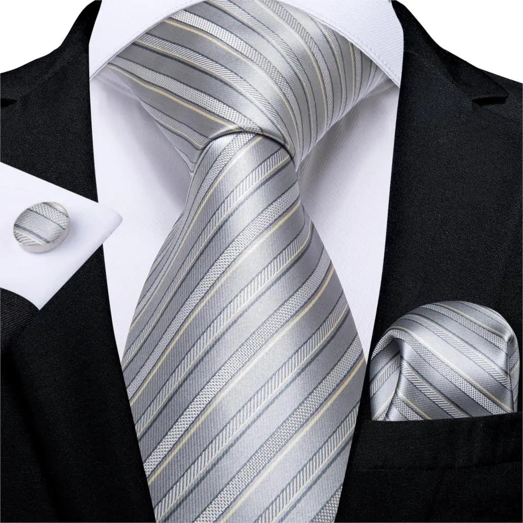 DiBanGu Mens Necktie Silver Gray Striped Design Silk Wedding Tie For Men Tie Hanky Cufflink Tie Set Business Party Dropshipping MJ-7058