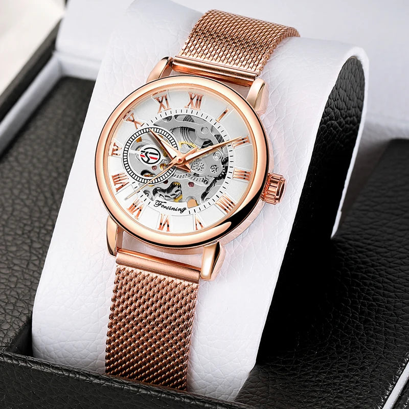 Forsining Women’s Rose Gold Skeleton Mechanical Watch | Stainless Steel Case, Roman Numeral Display, Hand Wind Wristwatch