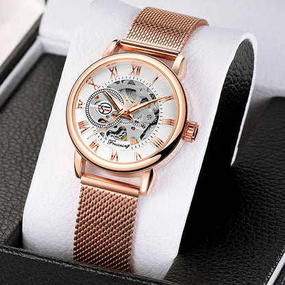 Forsining Women’s Rose Gold Skeleton Mechanical Watch | Stainless Steel Case, Roman Numeral Display, Hand Wind Wristwatch