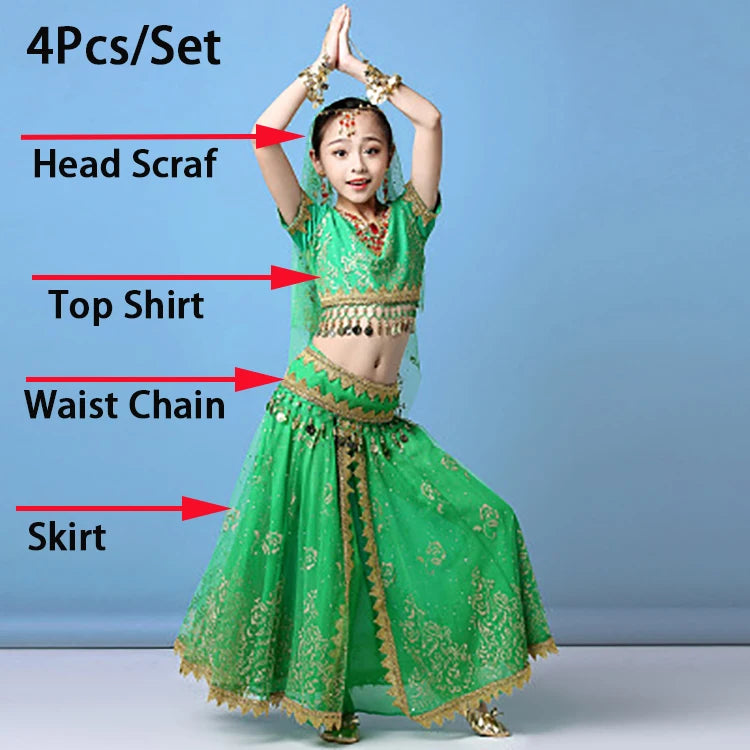 Children’s Belly Dance Costume Set | Bollywood Inspired Girls' Dance Dress | Stage Competition Outfit green