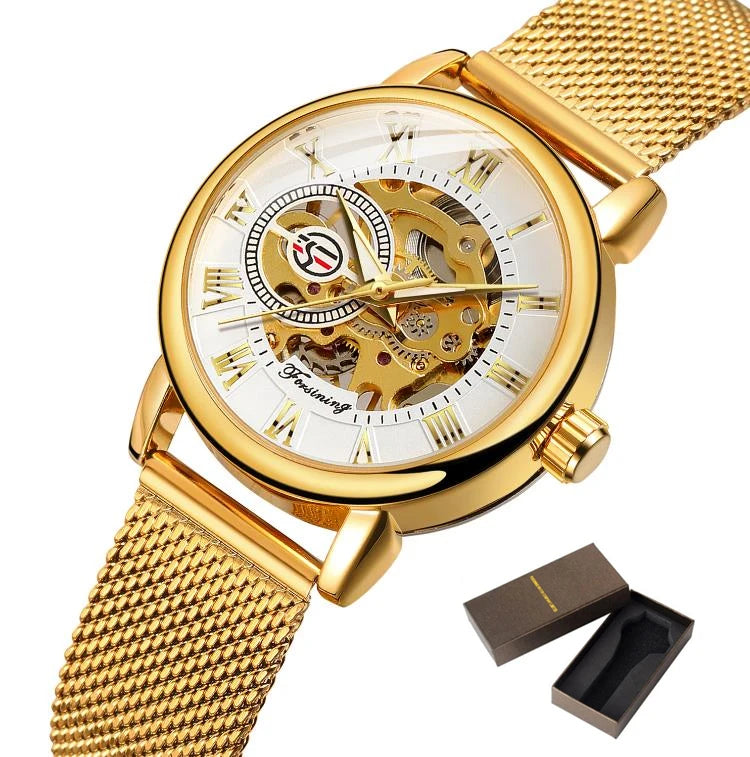 Forsining Women’s Rose Gold Skeleton Mechanical Watch | Stainless Steel Case, Roman Numeral Display, Hand Wind Wristwatch FSL8099GW with box